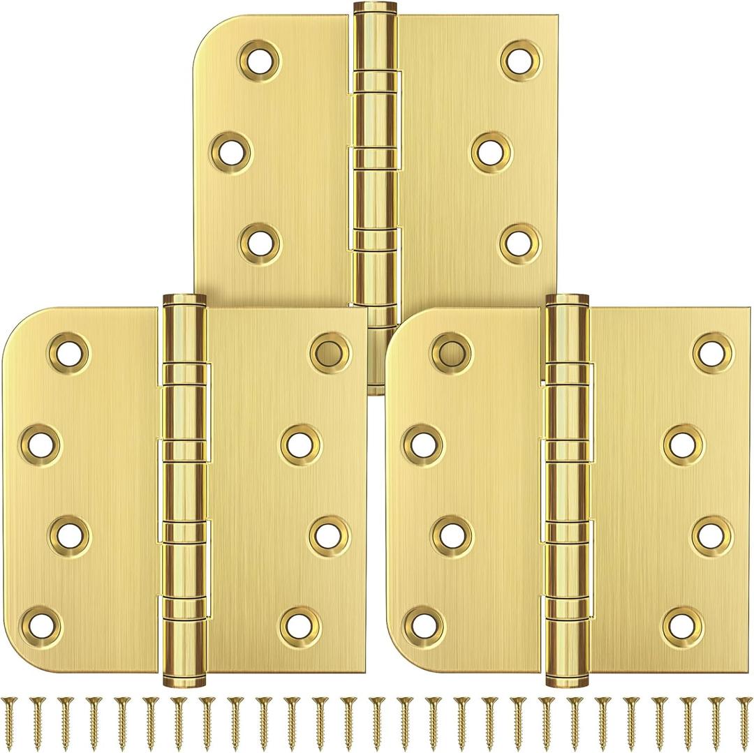 KOLET Ball Bearing Door Hinge, 4 x 4 Inches Gold Door Hinges, Square and 5/8'' Radius Corner, Heavy Duty Stainless Steel Hinges, Smooth and Quiet, Non Removable Pin, Brushed Gold, 3 Pack