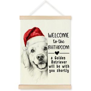 JOQUXI Funny Christmas Golden Retriever Bathroom Wall Art Decor, Christmas Bathroom Decor, Funny Santa Hat Golden Retriever Framed Artwork Poster Prints for Washroom Restroom, 12x16 Inch