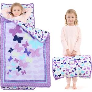 UOMNY Toddler Nap Mat Girls Kids Nap Mats with Removable Pillow and Blanket Butterfly Toddler Sleeping Bag for Preschool Daycare Purple 53x21 Inch