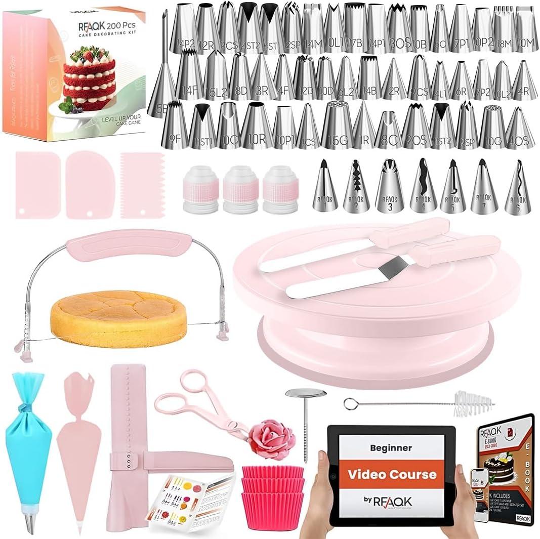 RFAQK 200PCs Cake Decorating Kit with Cake Turntable & Leveler, Baking Supplies Gift Includes 110+1 Piping Bags,55 Icing Tips,2 Frosting Spatulas, Adjustable Scraper, Video Tutorial, Booklet & more