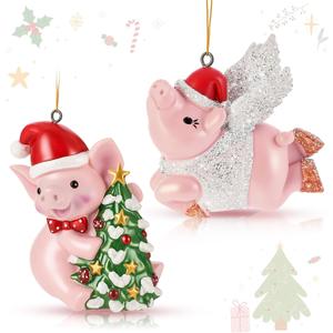 Vercraft 2 Pcs Pig Hanging Christmas Ornaments 4 Inch Large Resin Pig Decor for Christmas Tree Dollhouse Party Favors Gift Stocking Stuffers