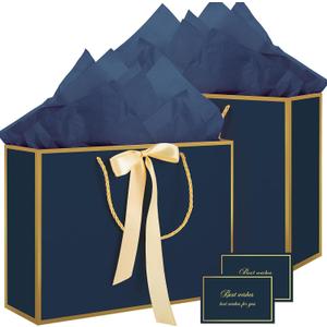 woric 13.7" Large Gift Bags with Handles, 2 Pack Navy Blue Paper Gift Bags with Tissue Ribbon and Card for Graduation Father's Day Men Birthday Party Wedding Celebrations