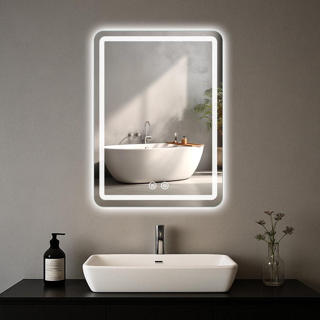 LED Bathroom Mirror, 16 x 24 Inch Anti-Fog Wall Mirror with Lights Stepless Dimmable, Lighted Bathroom Mirrors for Wall, Rectangle Bathroom Vanity Mirror with Front and Backlight, Vertically Only