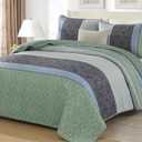 Cottolester Boho Queen Quilt Set,Striped Plaid Bedspread Coverlet Set,Grey Green Bedding Set Soft Microfiber Bedding Set with 2 Pillow Shams 96"x90" (Green and Gray)