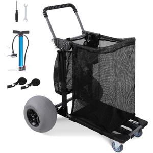 Beach Cart Foldable Fishing Trolley with 12 inch Balloon Wheels for Sand All-Terrain (Black)