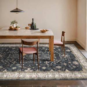 Hazo Haus Boho Dining Room Rugs for Under Table - 7x9 Washable Black Area Rug for Living Room, Low Pile Non-Slip Rugs for Bedroom Under Bed - Charming Farmhouse Decor & Stain Resistance - Black/Multi
