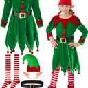 6 Pack Christmas Kids Elf Costume, Girls Christmas Elf Costume Velvet Dress Cosplay Outfit Belt Socks Ears Hat Shoes (8-10 Years)