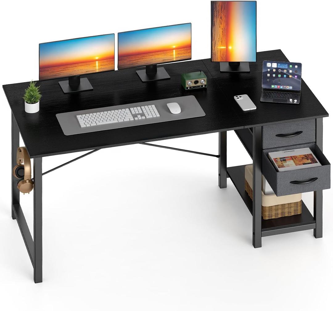 Sweetcrispy 47 Inch Computer Desk with Drawers for Home Office, Writing Desk with X-Shaped Reinforcement, Wood Table with Adjustable Position Drawers, Modern Study Work Table with Side Hook, Black