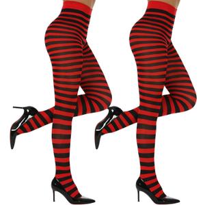 MANZI Striped Tights for Women Footed Stretchy Opaque Pantyhose for Halloween Xmas 2 Pairs (One Size, Black+red)