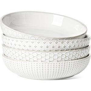 LE TAUCI Pasta Bowl 36 oz, Salad Bowl Serving Plate Bowls, Housewarming Wedding Present, Ceramic Embossment Bowl for Pasta, Fruits, Salad, Noodle, Dinner - 8 Inch, Set of 4, Arctic White
