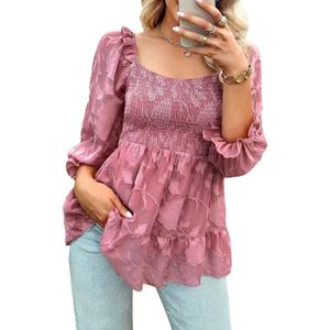 Ruched Blouse Square Neck Swing Blouse Casual Ruched Tiered Shirt Tunic Long Sleeve Chiffon Top Rose Pink XL