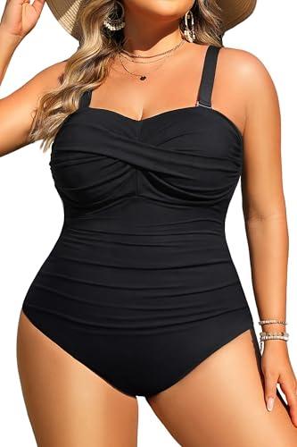 Aqua Eve Womens Plus Size One Piece Swimsuit - Ruched Tummy Control Bathing Suit Twist Front Swimwear Black 16W