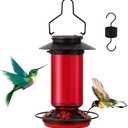 Solar Hummingbird Feeder for Outdoors Hanging Glass 21 Ounce with 5 Bee Guard Feeding Ports and Ant Moat, Leak-Proof, Red