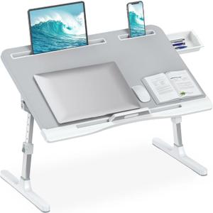 HETTHI Laptop Desk for Bed, Adjustable Bed Table with Leather Desktop, Foldable X-Large Laptop Bed Trays with Drawer for Bed Couch Floor Writing Working Reading Eating Painting (Gray, 23.6"15.7")