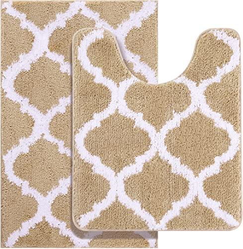 OLANLY Bathroom Rugs Set 2 Piece, Microfiber Bath Shower Mat and U-Shaped Toilet Rug, Machine Wash Dry, Non-Slip Absorbent Shaggy Bath Mats for Tub, Shower and Bathroom (30"x20"+24"x20", Beige)