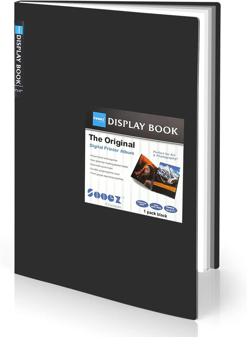 Sooez Art Portfolios 11"x17", Large Portfolio Folder with 30 Pockets & Black Inner Sheets, Display 60 Pages, 11 x 17 Presentation Book