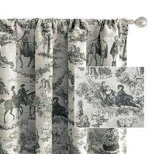 DriftAway 100% Blackout Toile Linen Curtains for Bedroom Double Layer Farmhouse French Country Vintage Printed Pattern Thermal Sound Lined Back Tab Living Room Drapes 96 inch Length 2 Panels Black