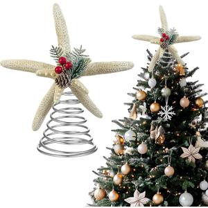 LipLopBest Starfish Tree Topper for Christmas Trees, 9.06 Inches Coastal Christmas Tree Topper for Beach Nautical Xmas Decoration Rustic Large Natural Starfish Treetop Ornaments for Xmas Holiday Decor