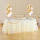 6FT Champagne Tulle Table Skirt with LED Lights for Rectangle or Round Tables 2-Layer Ruffle Tulle Tutu Cloth Desk Table Skirt for Birthday Party Baby Shower Wedding Banquet Cake Dessert Decorations