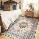 RELEANY Area Rugs 4'x6' Washable Non-Slip, Floral Vintage Distress Print Pattern Medallion Carpet for Living Room Bedroom Dining Room, Beige Navy Blue Orange Colorful