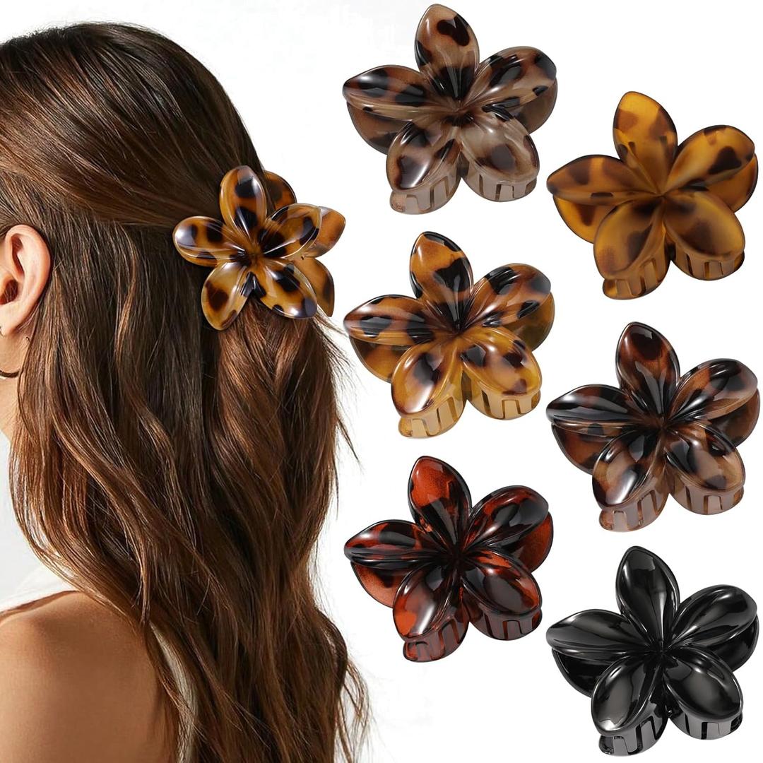 6 PCS Flower Hair Clips for Women, Hawaiian Flower Claw Clips for Thick Thin Hair, Cute Daisy Jaw Clips, Strong Hold Non Slip Hair Accessories for Girls Holiday Gifts (Tortoise, Black)