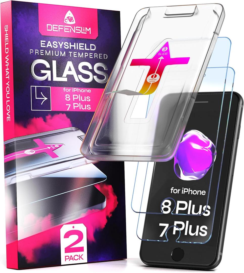 Defenslim Screen Protector for iPhone 8 Plus / 7 Plus (2Pack), Easy Auto-Align Install Kit, 5.5" Tempered Glass, 9H Hardness, Ultra HD Clear, Case Friendly, EasyShield