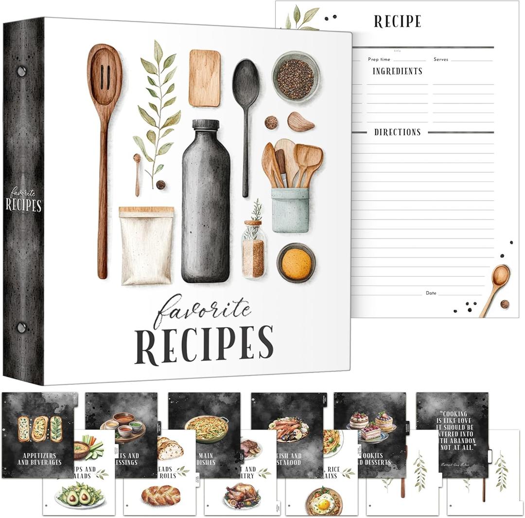 Large Kitchen-Themed Recipe Binder  11.5 x 12 | Includes 25 Clear Plastic Protective Pages, 25 Recipe Sheets, 12 Dividers | Black with Kitchen Utensils Design