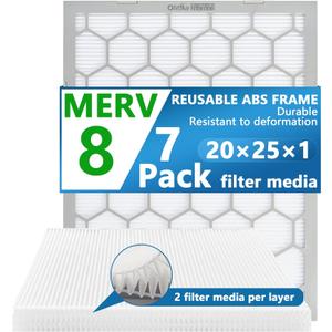 20x25x1 MERV 8 Air Filter,AC Furnace Air Filter,Reusable ABS Plastic Frame, 7 Pack Replaceable Filter Media (Actual Size: 19 3/4" x 24 3/4" x 3/4")