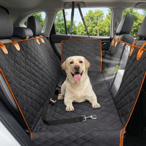 Dog Car Seat Cover, 600D Heavy Durable Dog Seat Cover for Back Seat, 100% Waterproof Scratch Proof Nonslip Dog Hammock for Car with Side Flap, Pet Seat Covers with SeatBelt for Cars Sedan SUV Trucks, Orange Black