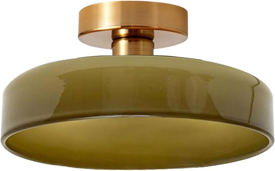 Dome Flush Mount Ceiling Light Mid Century Modern Semi Flush Mount Ceiling Light fixtures with Green Round Glass Shade Brushed Gold Brass Flush Mount Lights for Hallway Dining Room, 13.8 inches , 5.1 inches