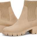 Ruanyu Women's Platform Ankle Boots Elastic Chunky Block Heel Chelsea Booties Lug Sole Non-Slip Combat Shoes (11, Beige)
