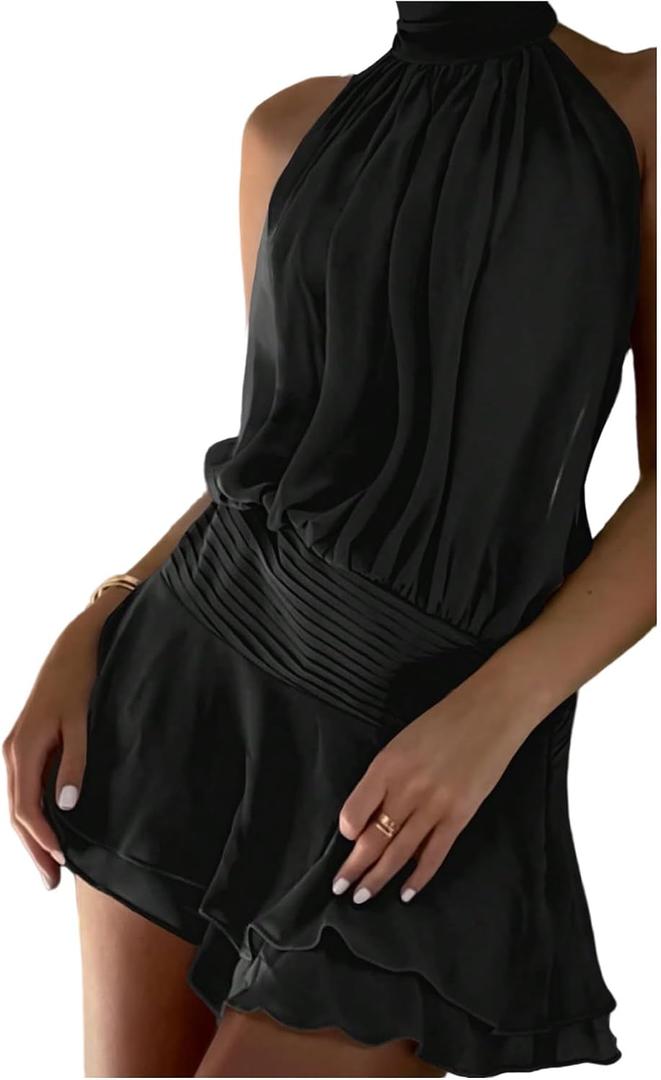 Floerns Women's Summer Mini Dress Sleeveless Halter Backless Ruched Date Night Layered A Line Dresses (Black, S)