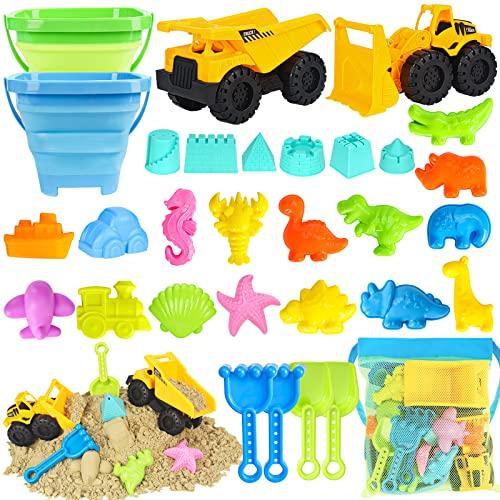 FHOZGECY Beach Toys, Sand Toys for Kids Boys and Girls with 2 Construction Vehicle, 2 Collapsible, Sand Castle Building Kit, Sand Molds, Mesh Bag, Outdoor Toys for Kids Ages 4-8