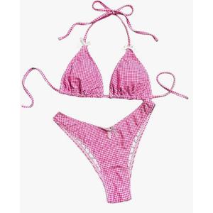 Women's Plaid Gingham Bathing Suit High Waisted Halter Triangle Swimsuit Bikini Set,XS