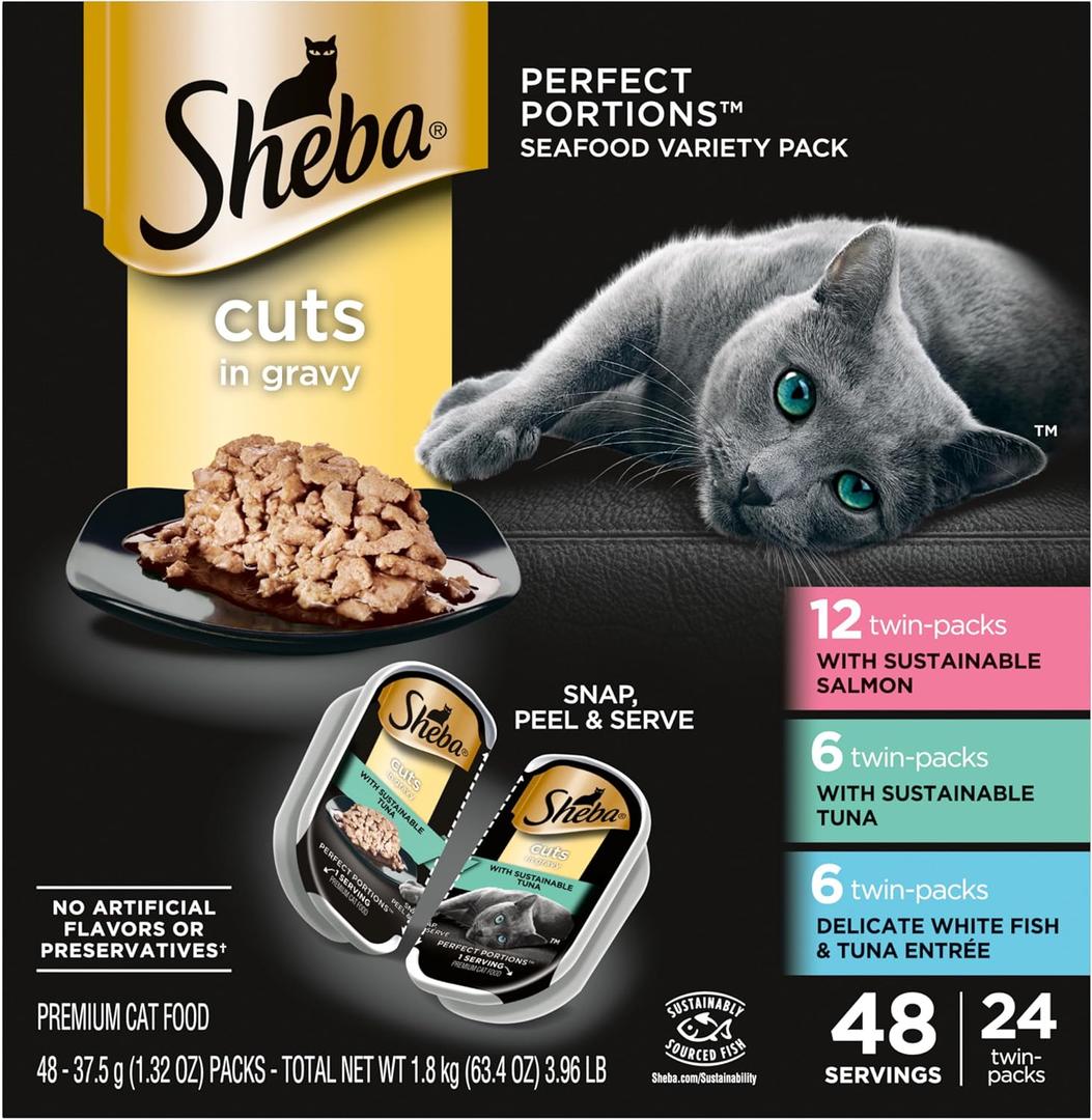 Sheba Perfect Portions Wet Cat Food Cuts in Gravy Variety Pack, with Sustainable Salmon, with Sustainable Tuna, and Delicate Whitefish & Tuna Entree, 2.6 oz. Twin-Pack Trays (24 Count, 48 Servings), Best By: 02/2027