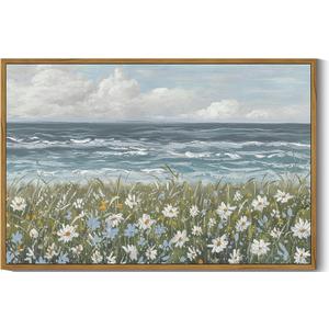 2 x SHENIFY Vintage Landscape Framed Wall Art Sea Coastal Wildflower Field Scenery Farmhouse Decor Retro Painting for Living Room Bedroom Ready to Hang Wall Artwork - 16x24in Natural Framed