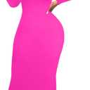 Women's Long Sleeve Bodycon Dress - Midi Casual Club Party Long Fitted Tight Fall Dresses (Hot Pink), Size 3XL