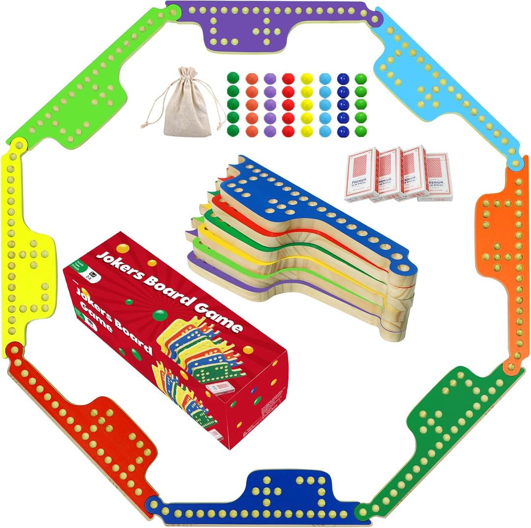 Colorful Jokers and Marbles Board Game Pegs and Jokers Card Game for 2-8 Players 8 Solid Wood Game Boards 8 Colors 40 Marbles 4 Decks of Cards Cards Full Size Game Set