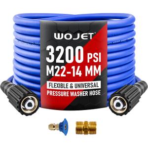 WOJET Pressure Washer Hose 25ftx1/4, Ultra Flexible Power Washer Hose with M22 14mm Non-leak Thread Fitting, High Pressure Hose fits Electric Power Washers, Replacement Hose for Ryobi Models, 3200PSI