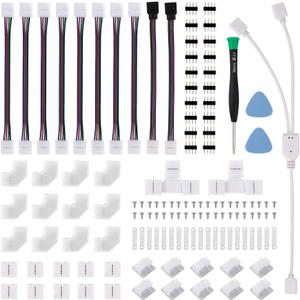 LED Strip Light Connector Kit, Led Strip Accessories Set for 5050 4 Pin 10mm RGB Led Light Strips with Connectors Clips and Tools