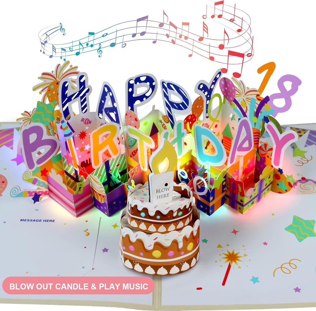 Olatay 3D Musical Birthday Card, Blowable LED Light Candle, 3D Birthday Popup Cards with DIY 0-9 Numbers, Blow Out Led Light Candle, and Play Happy Birthday Music for Kids Men and Women