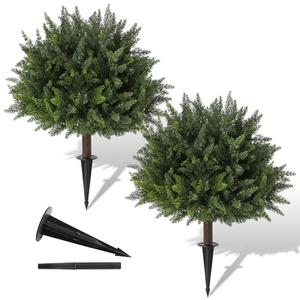 Pertivery 2 Pack Artificial Cedar Topiary, 23.6Inch UV Resistant Artificial Shrubs, with Ground Spikes, Indoor and Outdoor Fake Evergreen Tree for Porch, Garden, Front Door Decoration