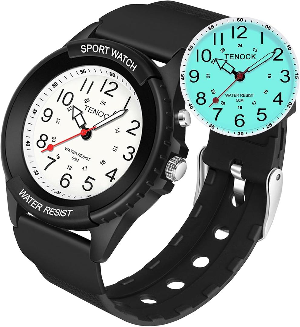 Waterproof Nurse Watch for Medical Professionals Students Women Men, Night Light, 12/24 Hour Military Time Easy to Read Dial, Second Hand Watch for Nursing Day Gifts (Black)