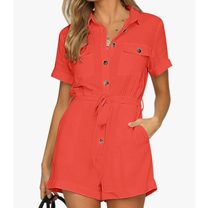 GRAPENT Women's Summer Short Sleeve Button Down Pockets Belted Jumpsuits Rompers Size Medium