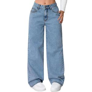 ZPIUO DENIM Straight-Leg Womens Plus Size Jeans Full Length Womens Pants Zip-Up Casual Loose with Pockets Plain Denim Jeans,Blue  Size 6