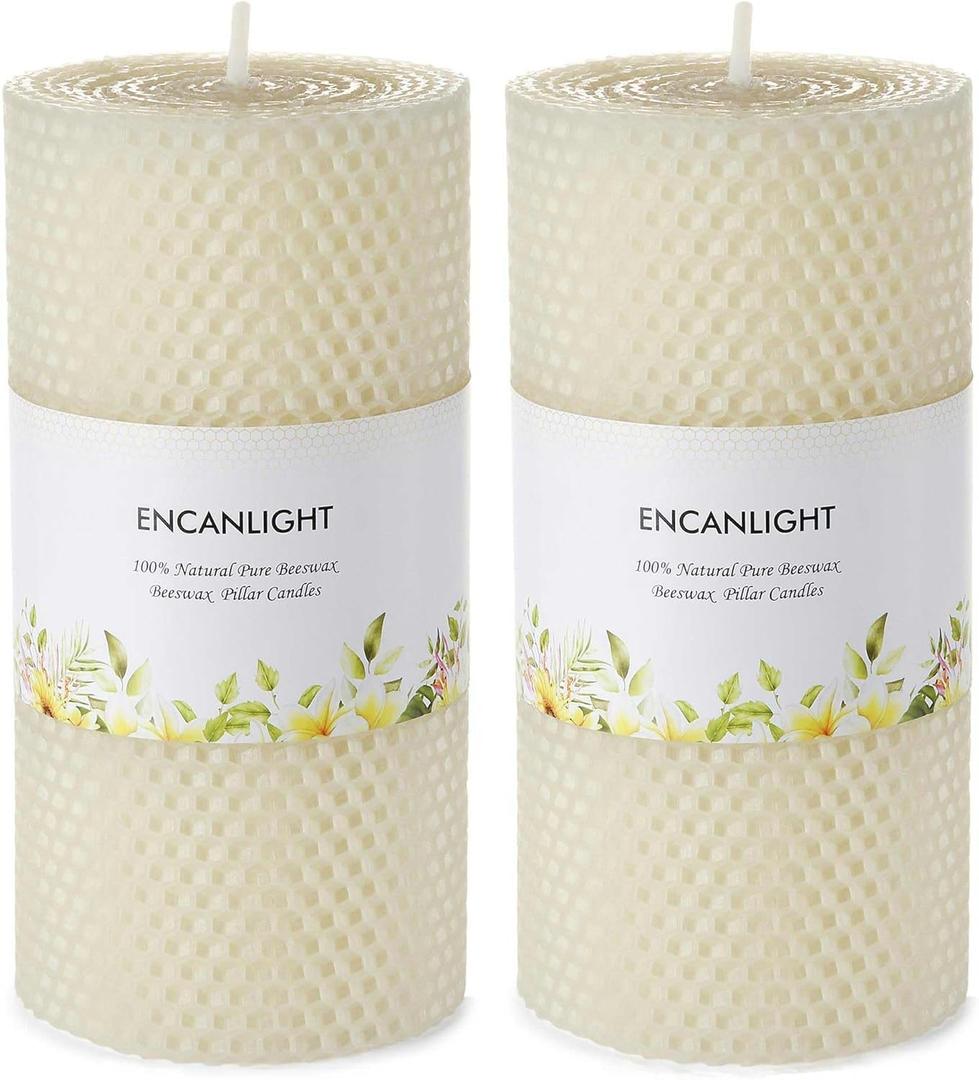 3x6 Inch Pure Natural White Honeycamb Beewaxs Pillar Candle Rolled Candles,60 Hours Long Burning, Unscented and Dripless for Home Decor Christmes Weddings