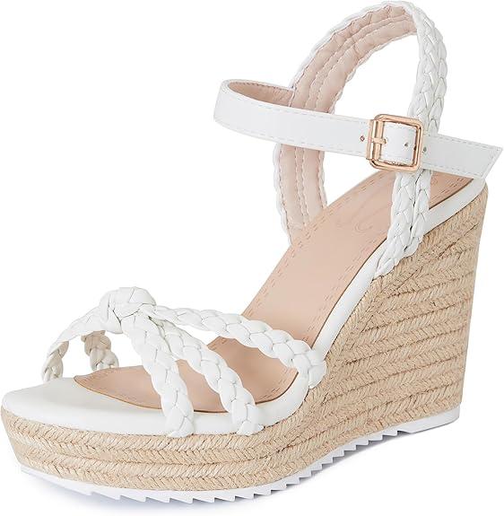 Espadrille Wedge Sandals for Women Braided Knot Ankle Strap Open Toe Platform Sandals, White, Size 8
