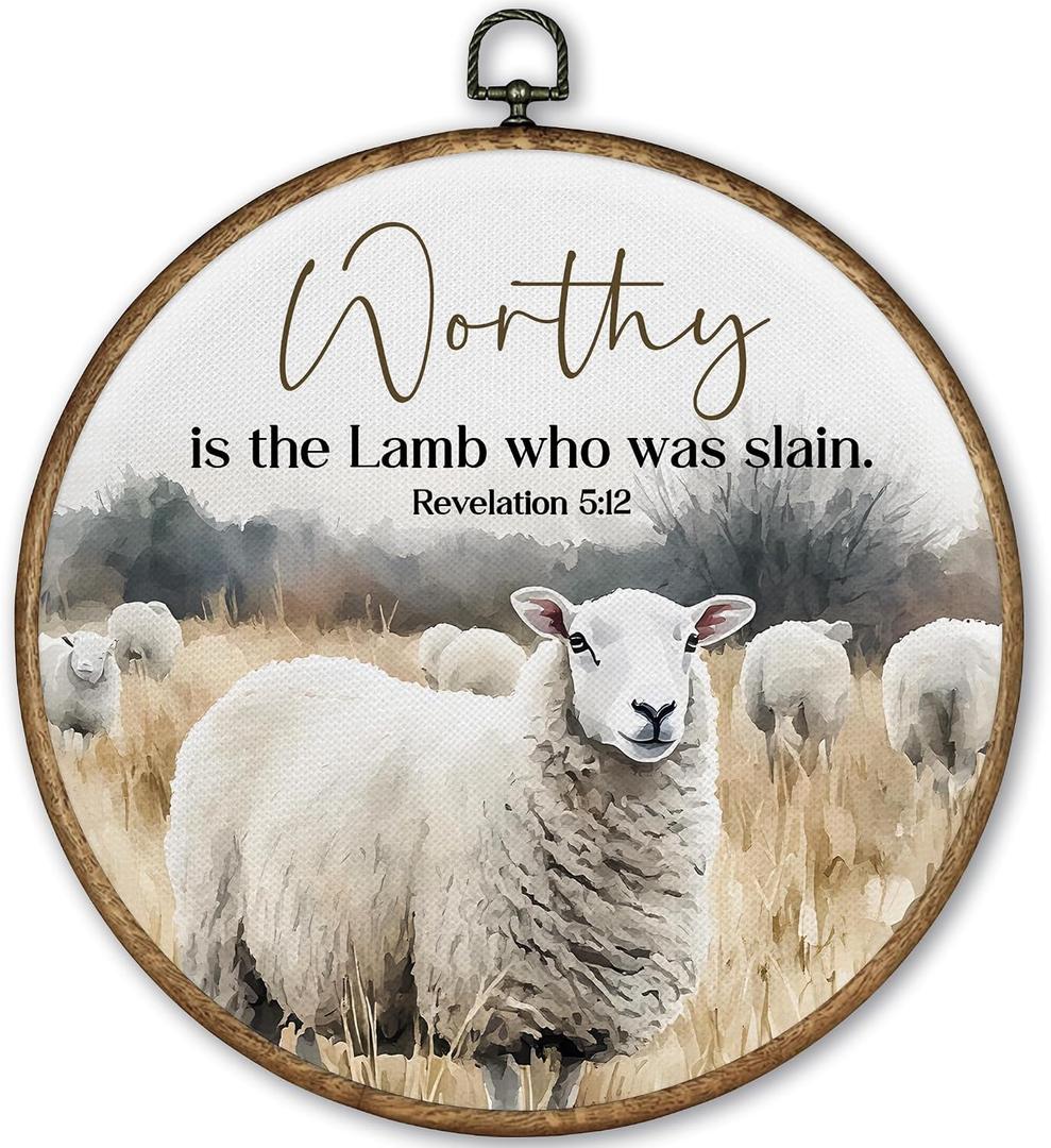TLESKE Christian Scripture Worthy Is the Lamb Who Was Slain Round Wall Art Decor 10x10, Bible Verse Revelation 5:12 Framed Canvas Wall Art Prints Artwork, Religious Wall Hanging Room Decor for Bedroom