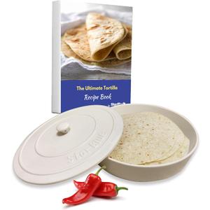 8 Inch Ceramic Tortilla Warmer by StarBlue with FREE Recipes ebook - White, Insulated One Hour and Holds up to 24 Tortillas, Chapati, Roti, Microwavable, Oven Safe