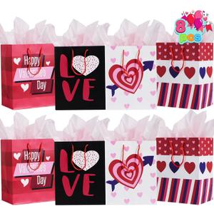 JOYIN 8 Pcs Valentines Day Paper Gift Bags,9.76" Gift Treat Bags with Filling Paper in 4 Designs, Candy Bag,Paper Wrapping Kraft Bags with Colorful Heart shaped Design for Kids Party Valentine Party Favors